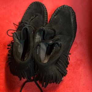 Topshop Black Suede Fringe Moccasin Boots
